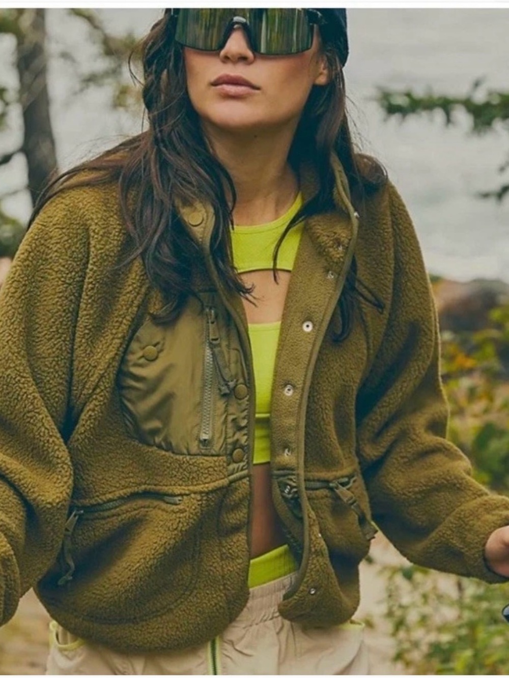 Free People FP Movement Hit The Slopes Fleece Jacket Green S Cropped Oversized